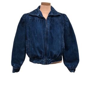 Vintage Denim Jacket Size Large Blue Puff Bubble Balloon Sleeve